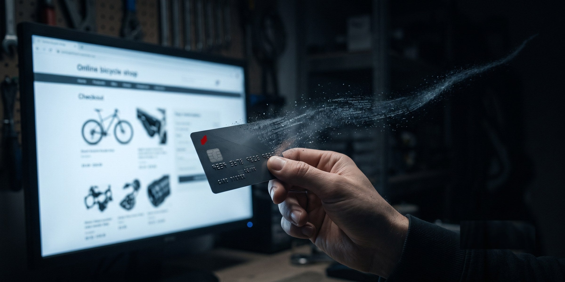 A hand holds a credit card toward a computer screen showing a fake online bicycle shop checkout, while the card data streams away into darkness