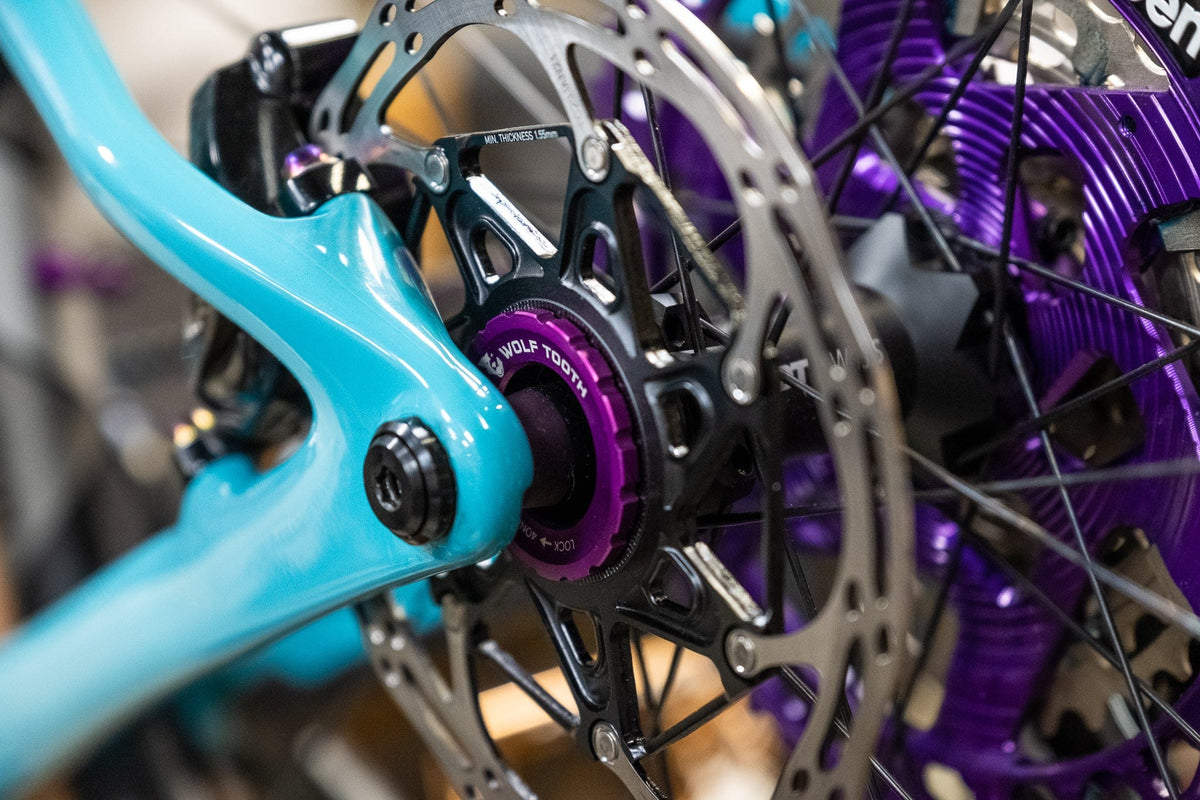 Purple Wolf Tooth CenterLock rotor lockring on a rear hub