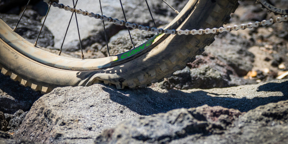 CushCore insert visible inside a mountain bike tire as it compresses against a rock