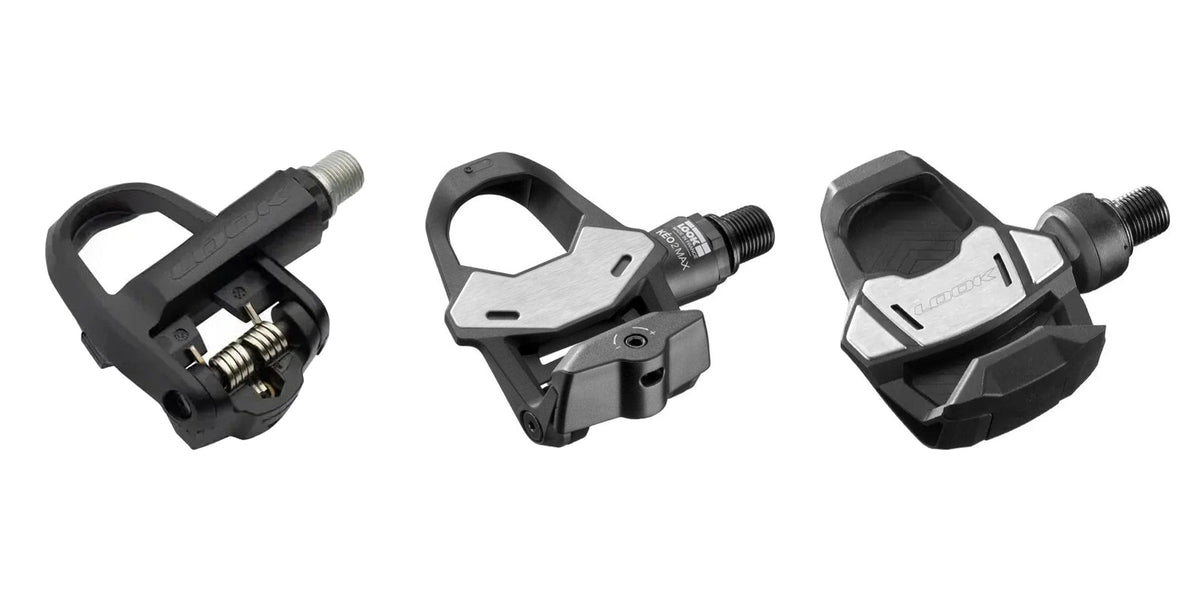 Look KEO Classic 3, KEO 2 Max and KEO Blade road pedals side by side on a white background