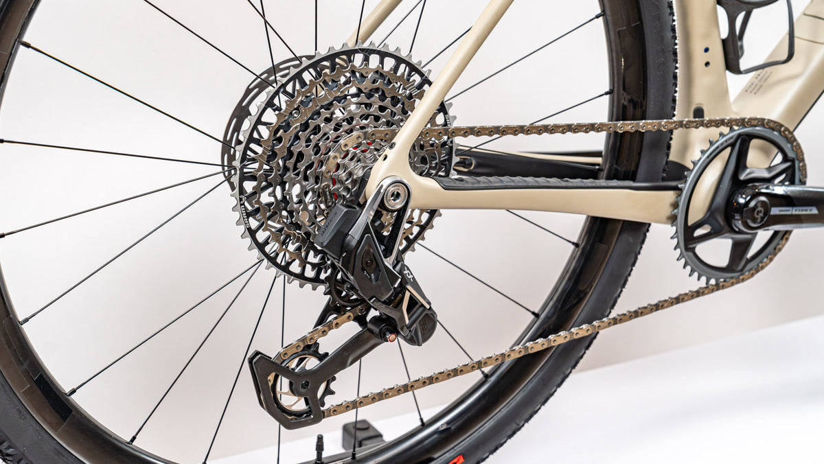 SRAM Eagle Transmission chain, cassette and rear derailleur on a gravel bike