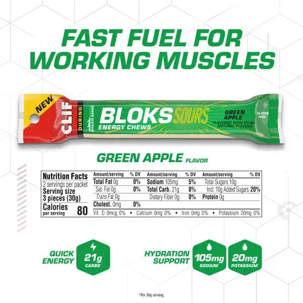 CLIF Bloks Sours Energy Chews - Green Apple | 18 Count