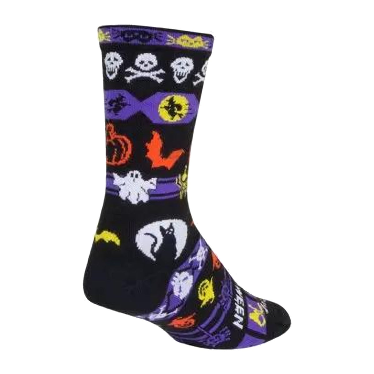 Sock Guy Boo 2 crew sock in black with ghost, bat and pumpkin graphics
