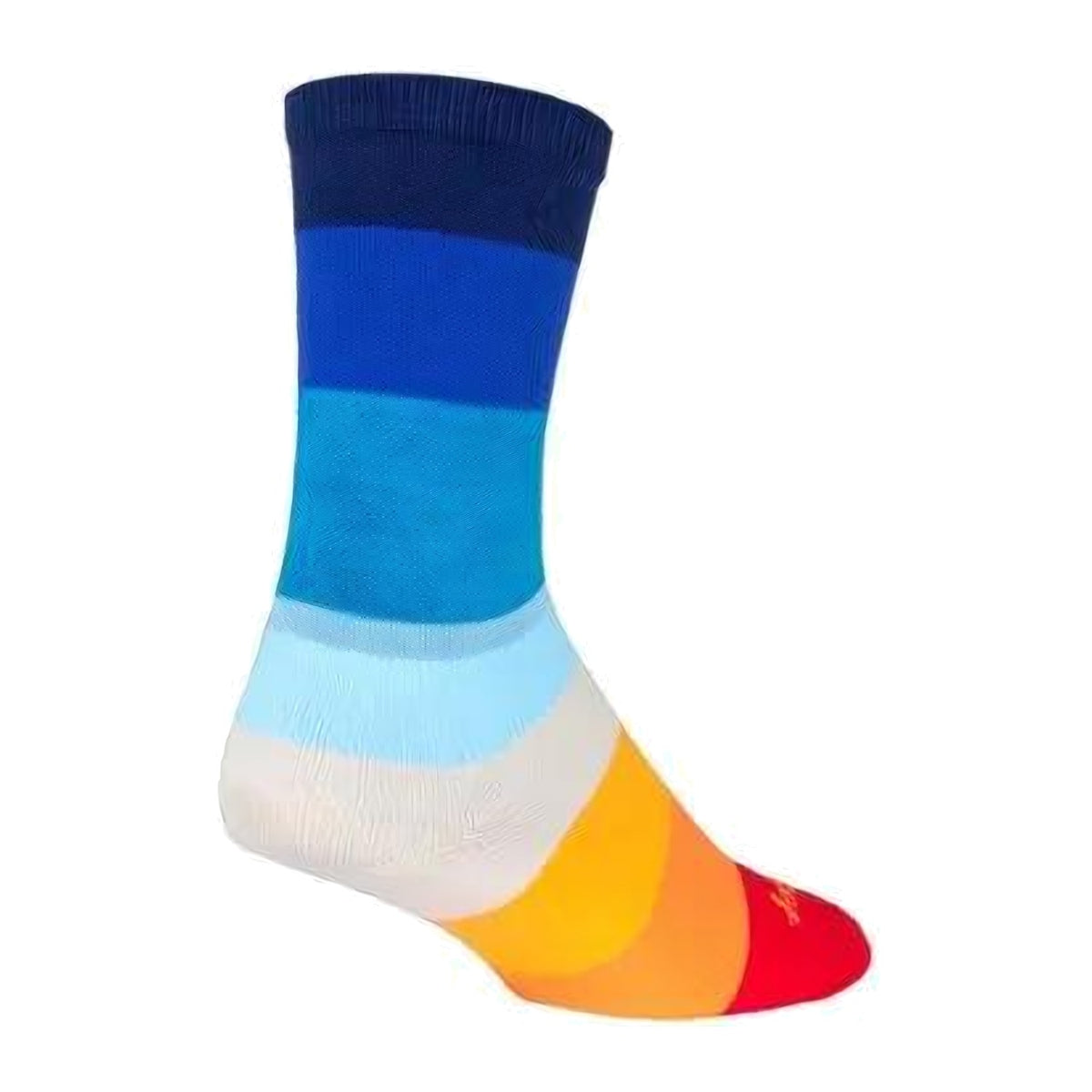Sock Guy 70's crew sock with blue, cream, orange and red color bands