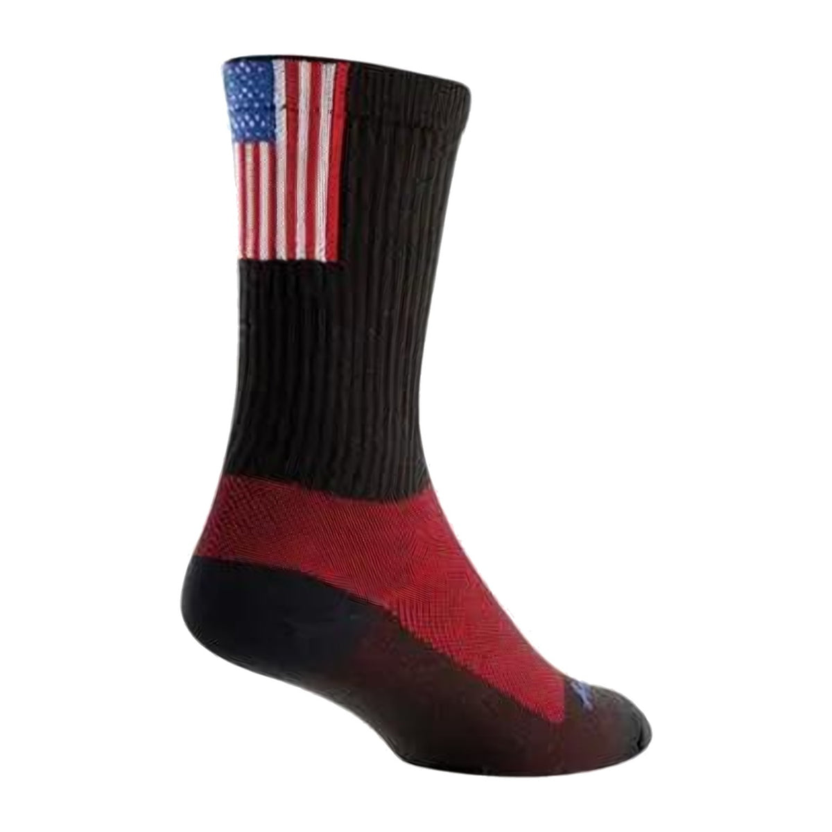 Sock Guy Glory crew sock in black with a US flag at the cuff and a red heel