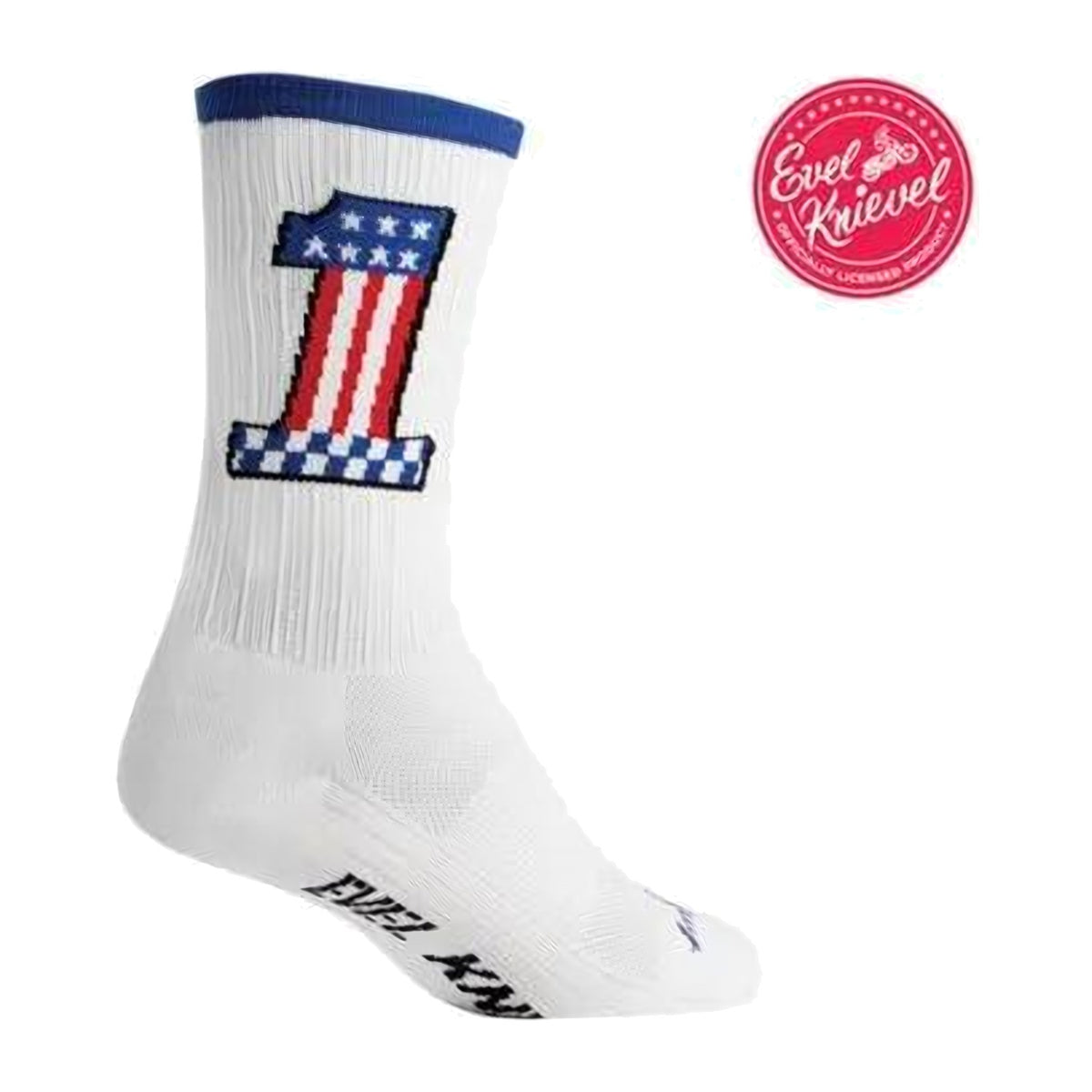 Sock Guy SGX Evel 1 sock in white with a stars and stripes number 1 graphic