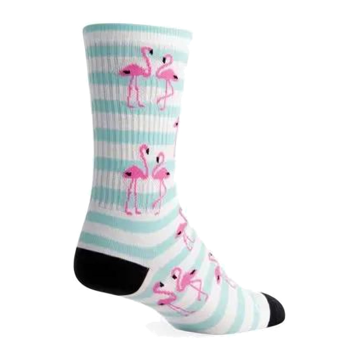 Sock Guy Flamingo crew sock with pink flamingos on mint and white stripes