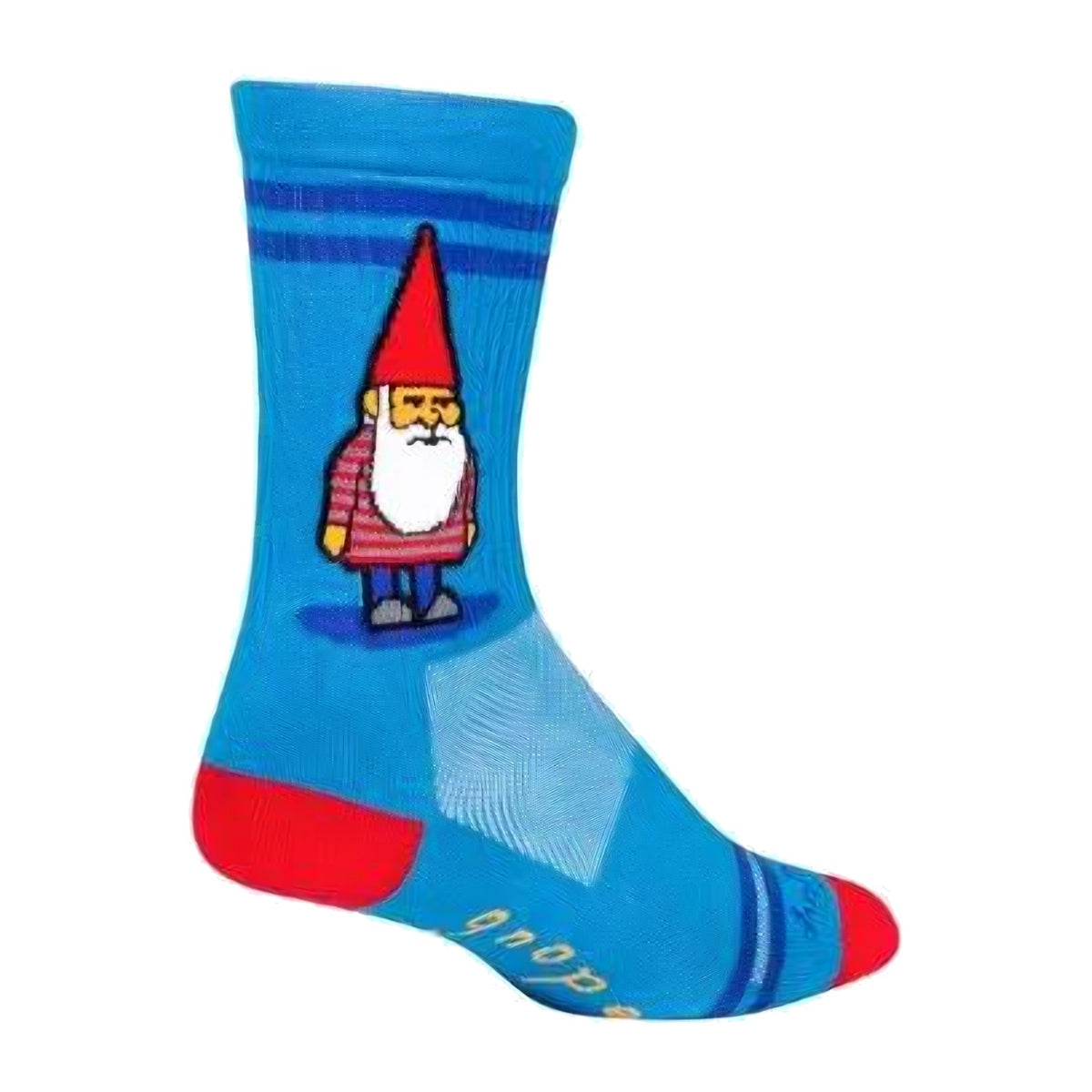 Sock Guy Gnope crew sock in blue with a gnome graphic and red heel and toe