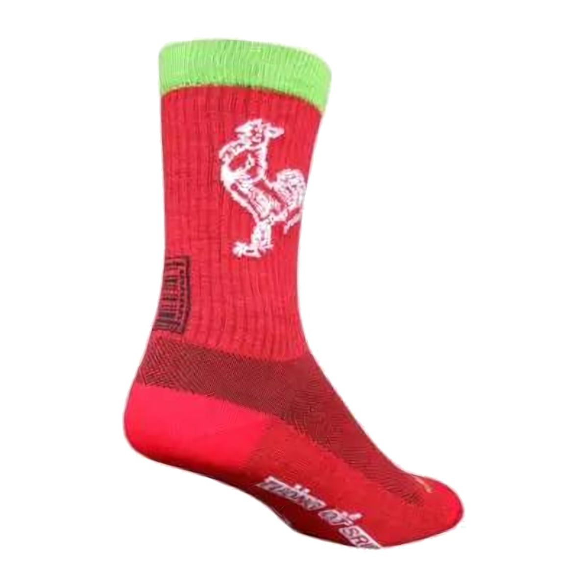 Sock Guy Sriracha sock, red with the signature white rooster and a green cuff