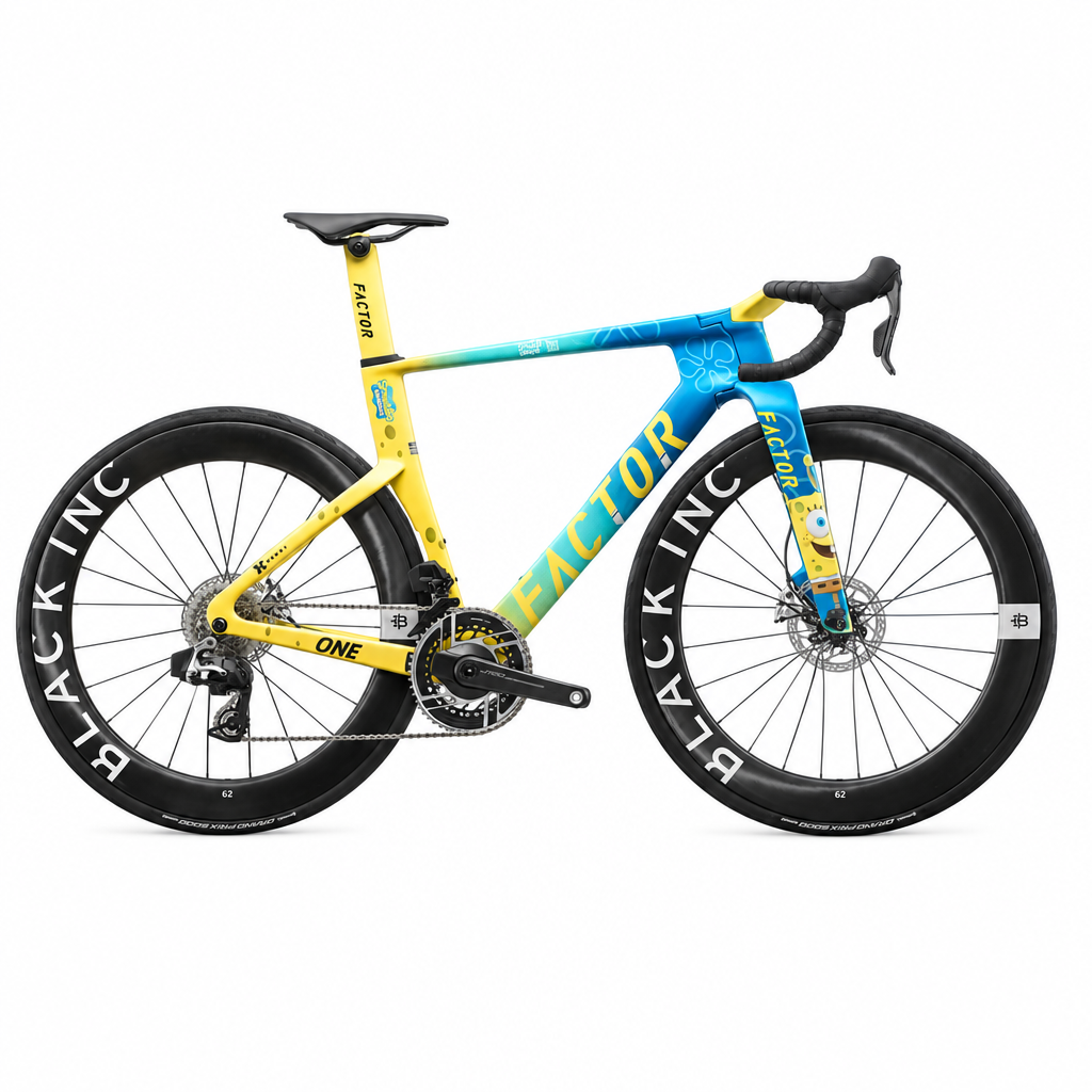 Factor ONE SpongeBob Edition in yellow and aqua blue, drivetrain side profile, shown with SRAM Red and Black Inc 62 wheels