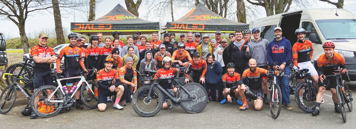 The Dialed Cycling Team gathered under the team tents