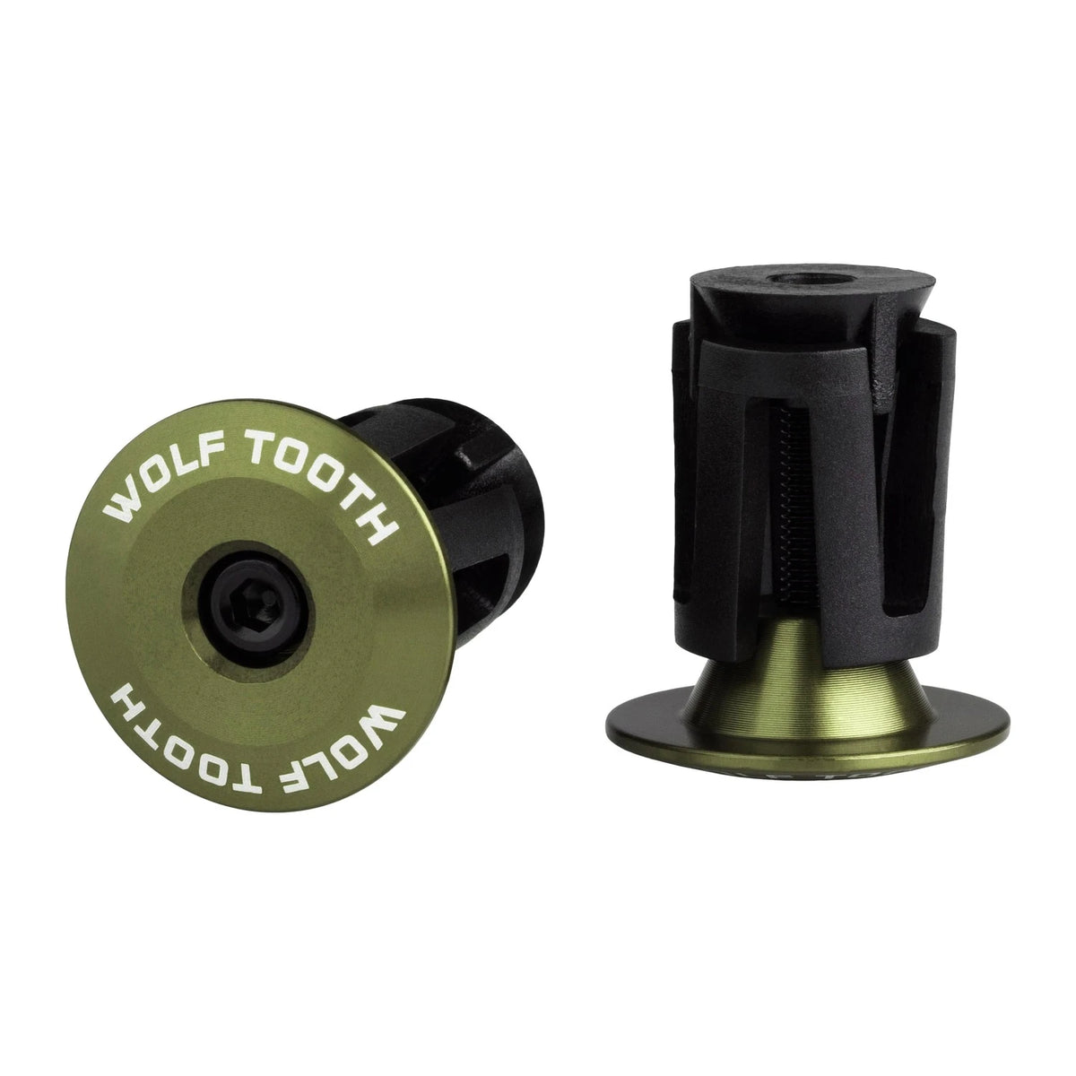 Wolf Tooth alloy bar end plug in Olive with expanding plug body