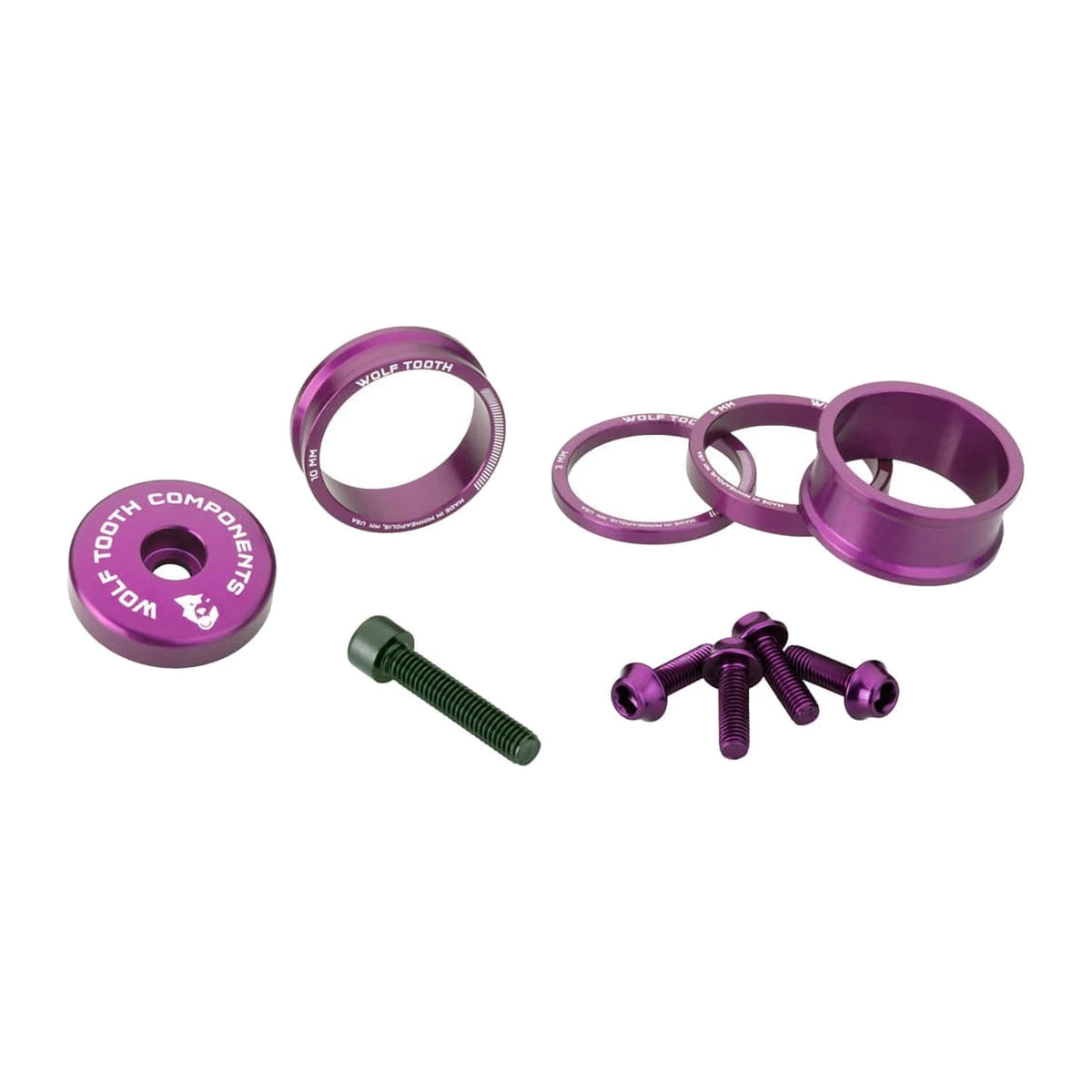Wolf Tooth anodized color kit in Purple: headset spacers, top cap and bolts