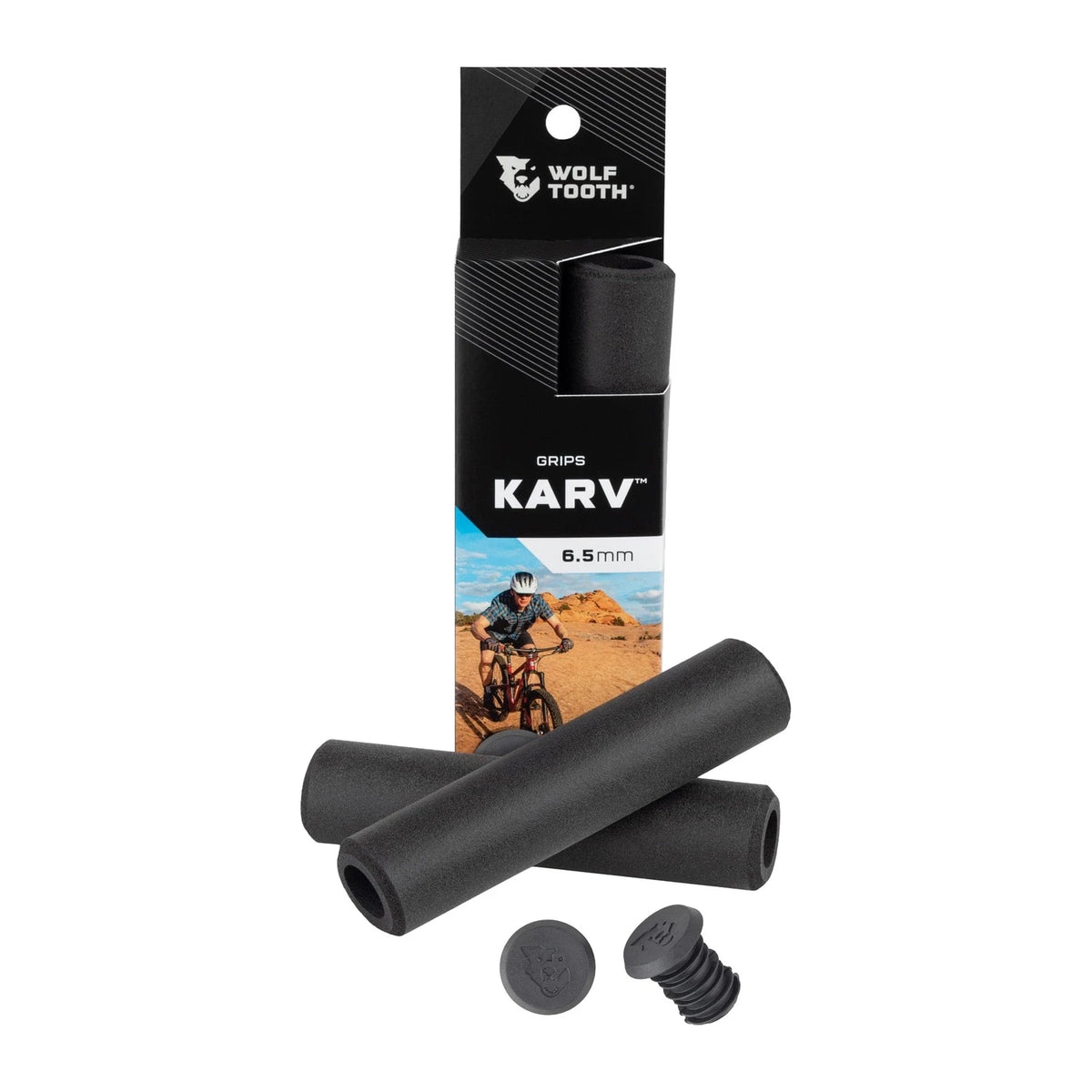 Wolf Tooth Karv Grips 6.5mm in Black with retail package and bar end plugs