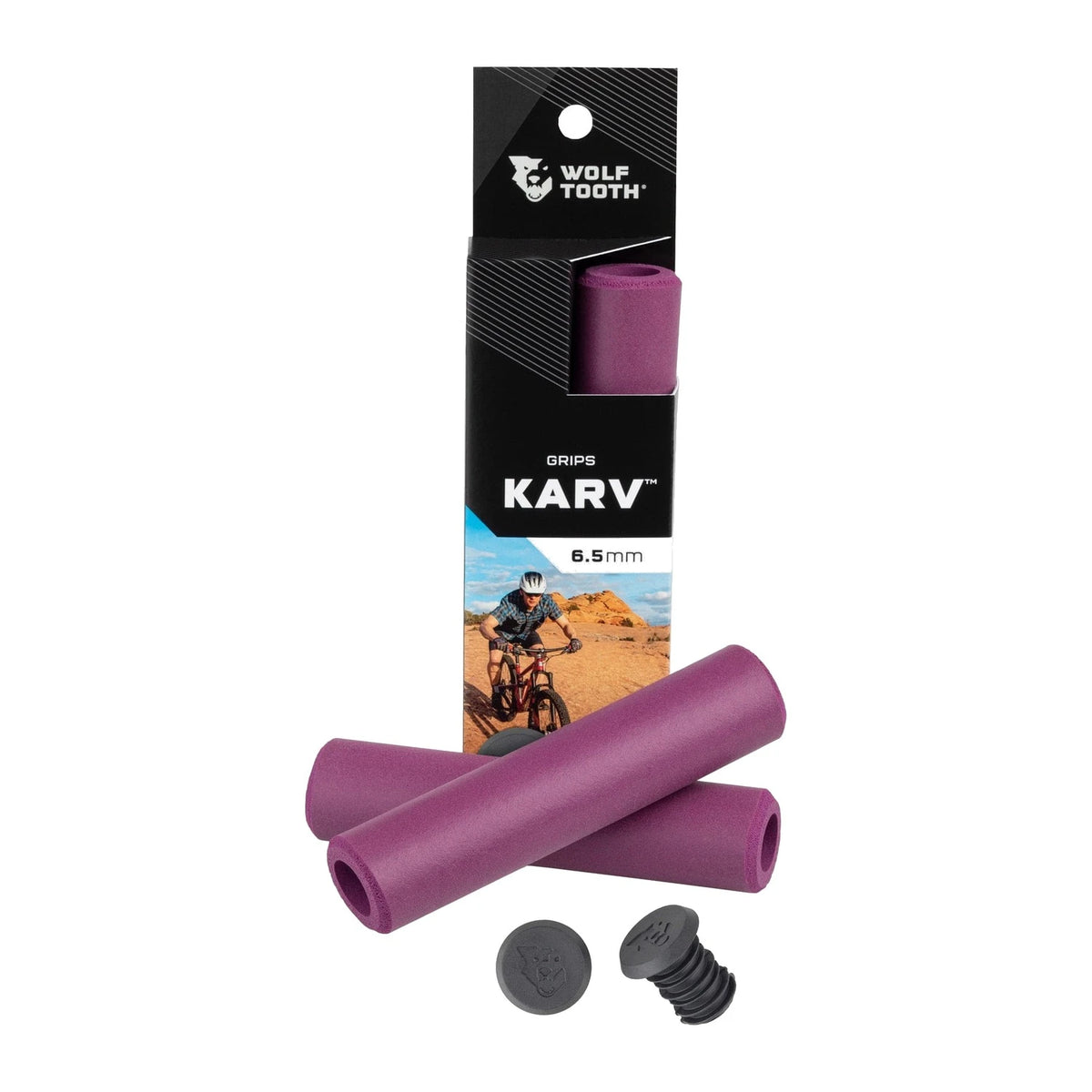Wolf Tooth Karv Grips 6.5mm in Purple with retail package and bar end plugs