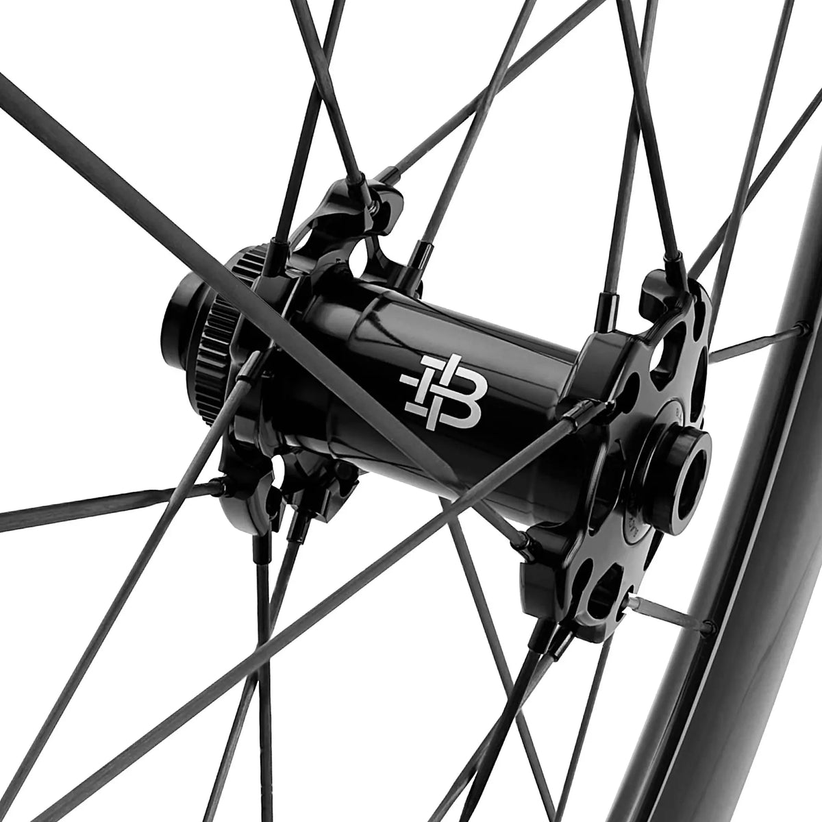 Black Inc HU-08 front hub on the 48|58 wheelset with carbon spokes