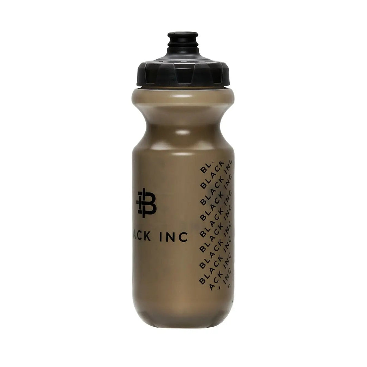 Black Inc Water Bottle 500ml, angled view showing repeating Black Inc wordmark