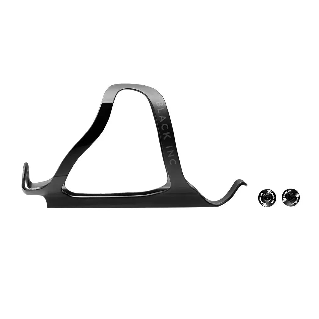 Black Inc carbon water bottle cage, angled view showing the carbon layup