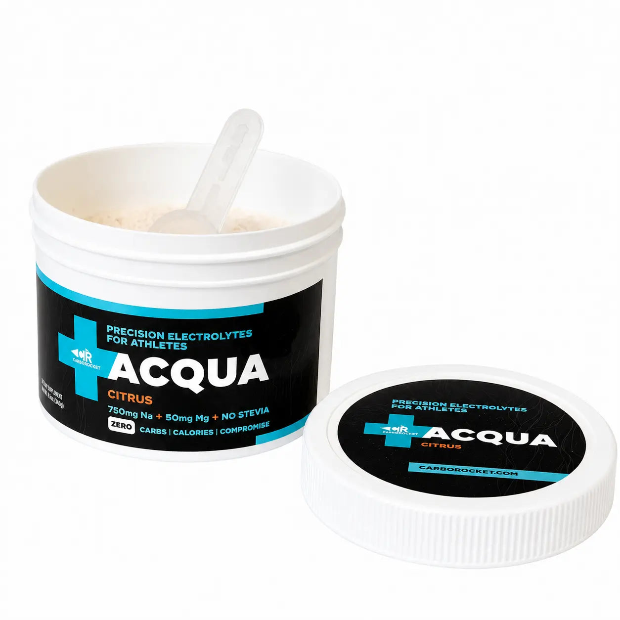 CarboRocket ACQUA+ Precision Electrolytes Citrus jar, angled view