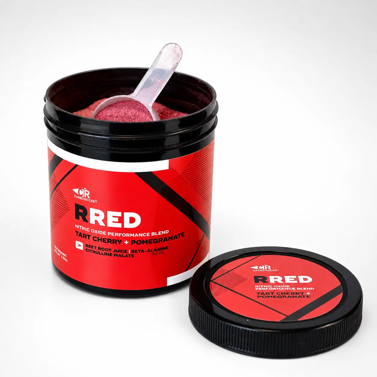 CarboRocket RRED Nitric Oxide Pre-Workout Mix jar, angled view
