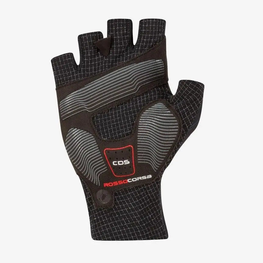 Castelli Rosso Corsa Pro Glove in Black, palm view showing Dyneema reinforcement and CDS padding