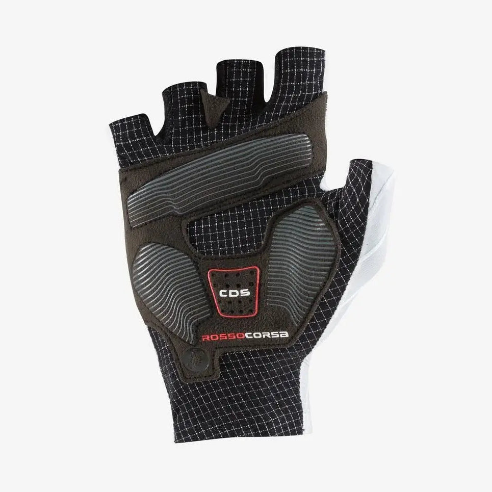 Castelli Rosso Corsa Pro Glove in Silver Gray, palm view showing Dyneema reinforcement and CDS padding