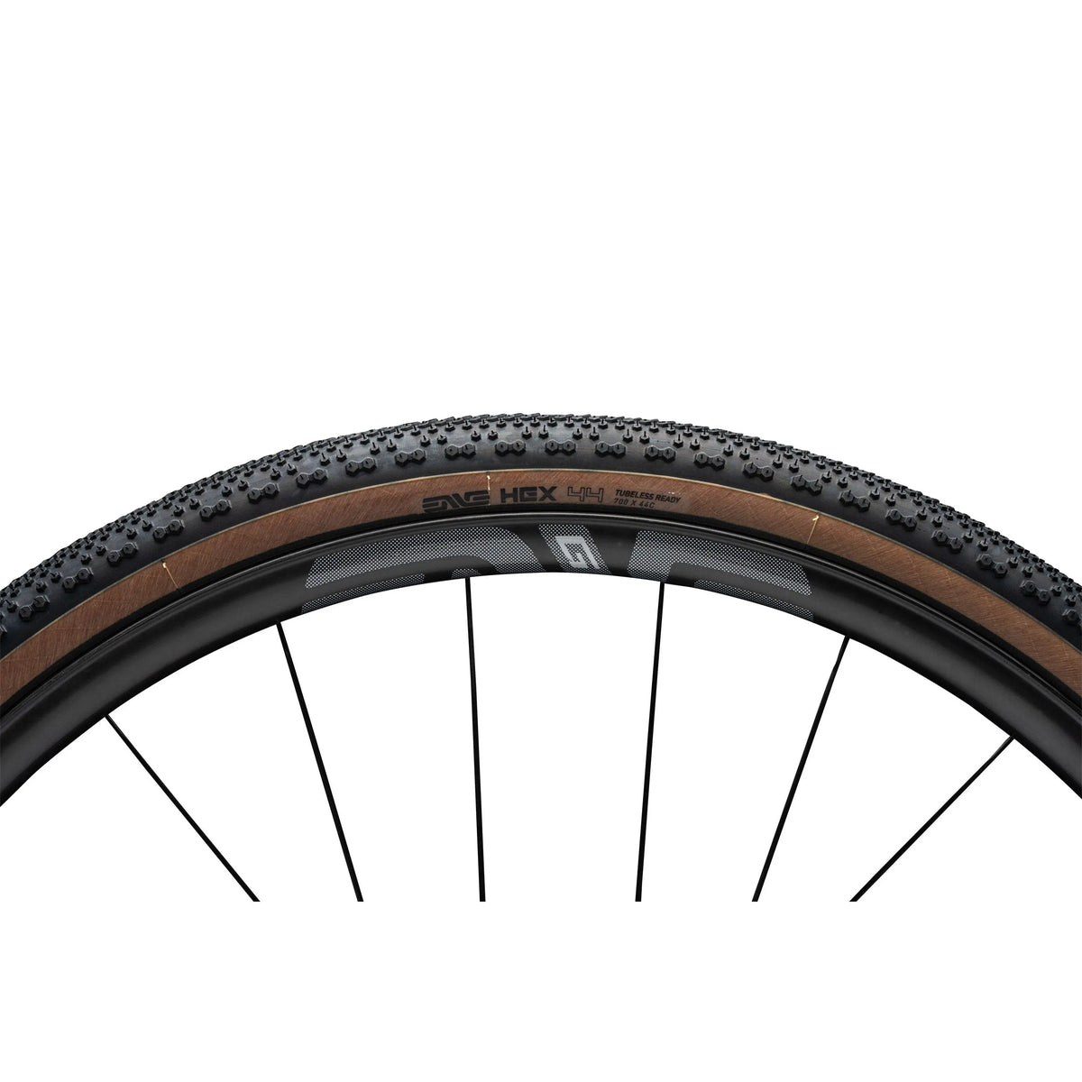 ENVE HEX Gravel Tire Tan, angled view of tread and sidewall