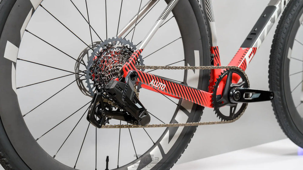 Factor Aluto with a SRAM Rival XPLR AXS rear derailleur, built at Dialed Cycling Lab