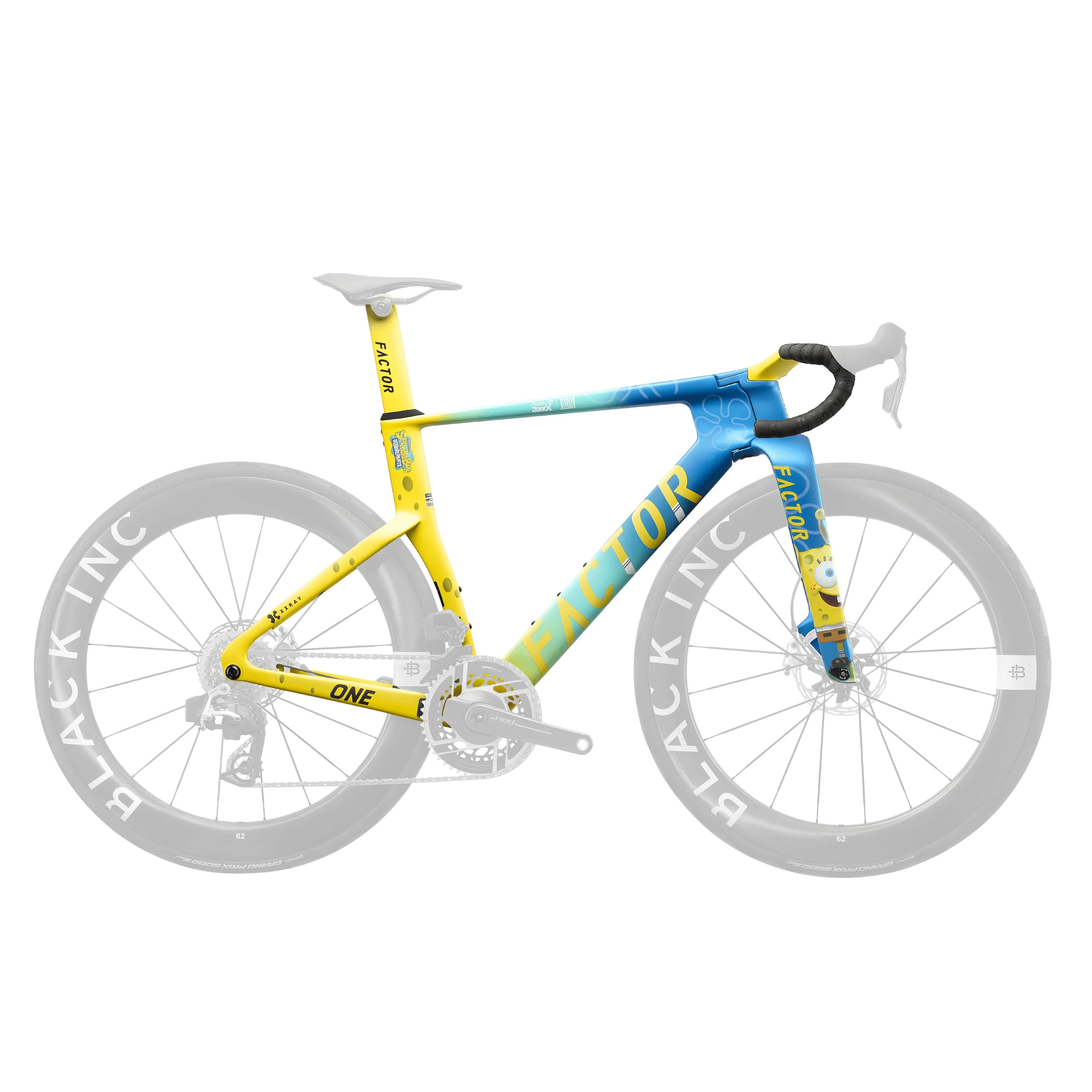 Factor ONE SpongeBob Edition frameset, barstem and seatpost in aqua blue and yellow, drivetrain side