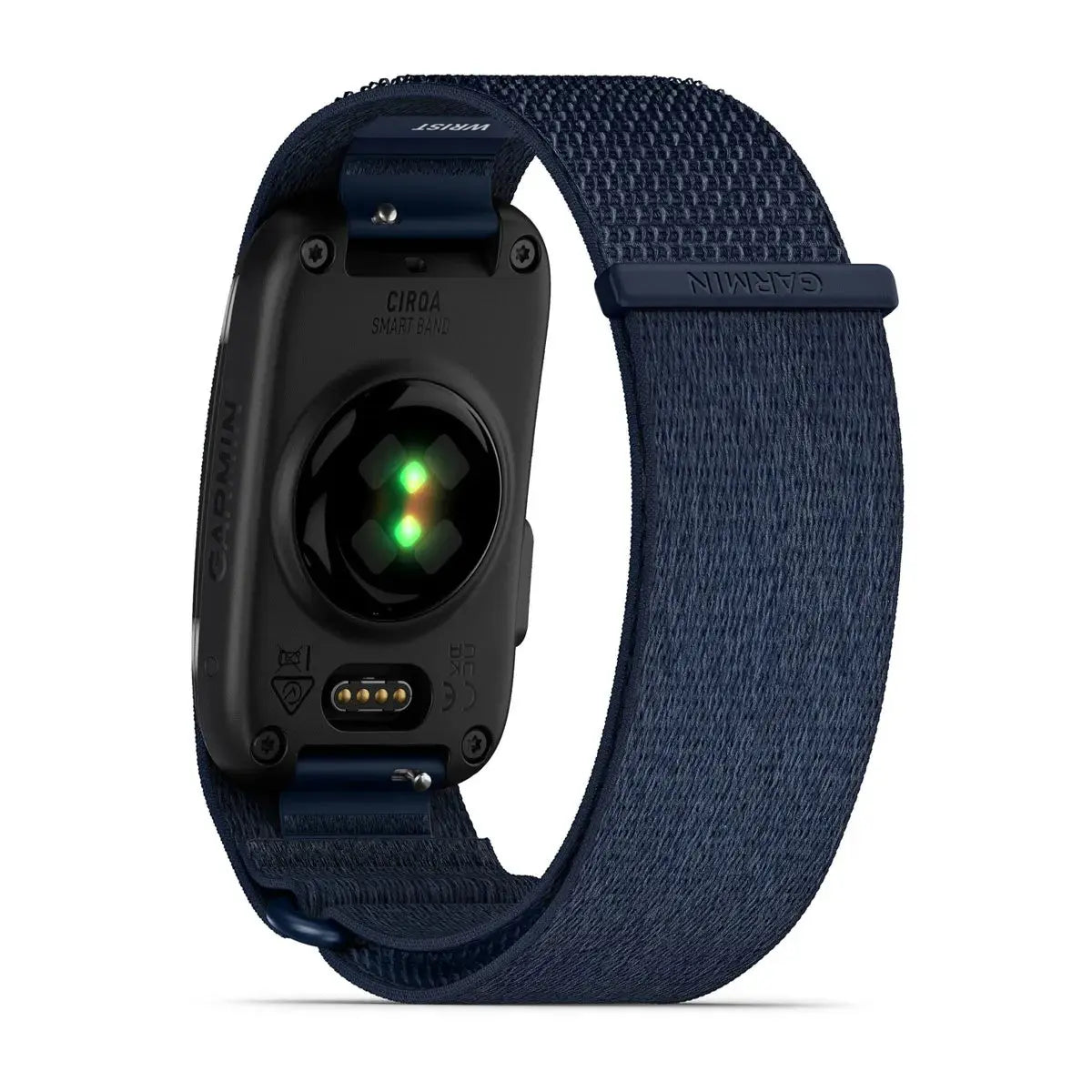 Garmin CIRQA Smart Band sensor back showing the Elevate optical heart rate array and four-pin charging contacts