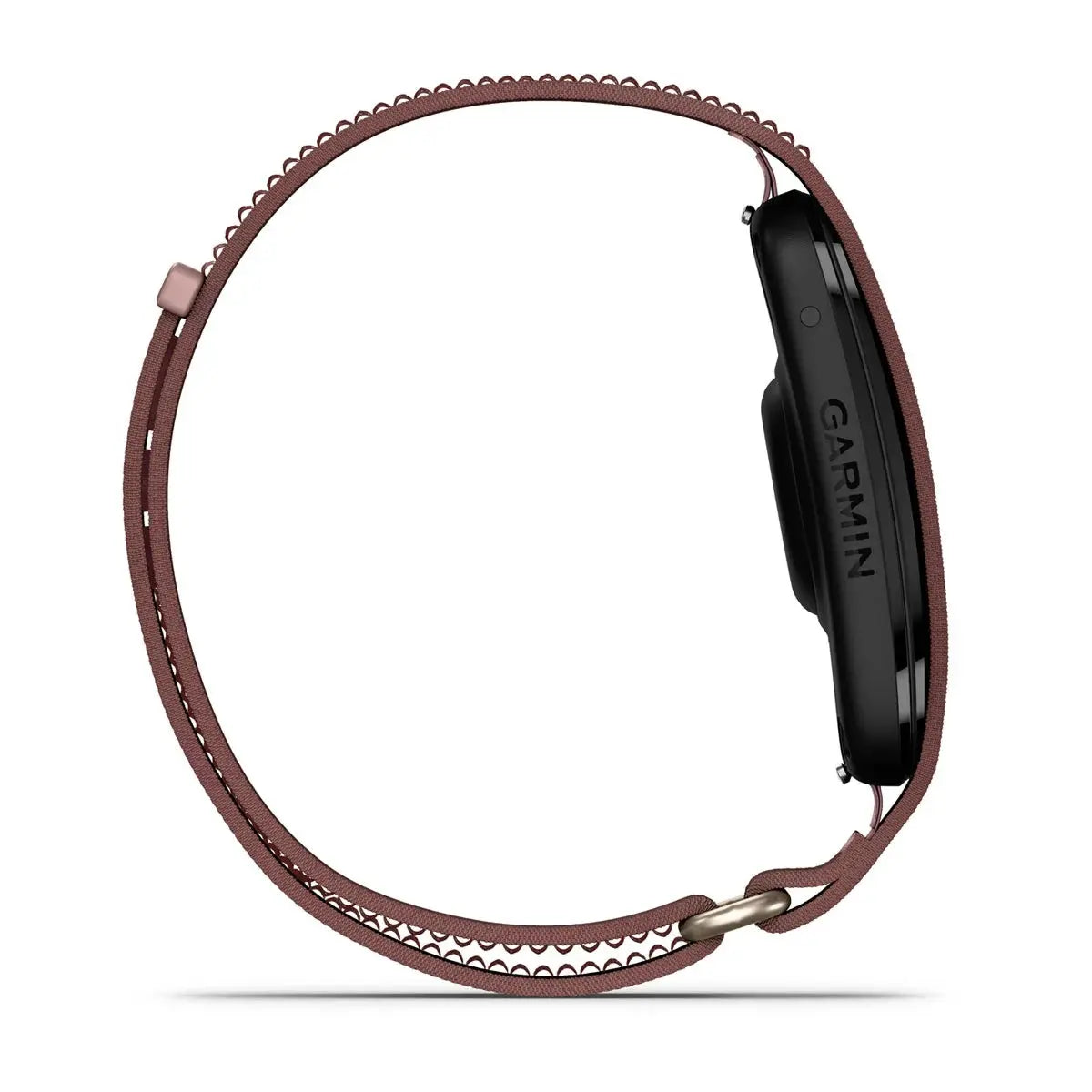 Garmin CIRQA Smart Band in Mauve, rear view of the fabric ComfortFit loop strap and closure
