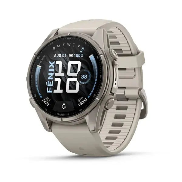 Garmin fenix 9 43 mm multisport GPS smartwatch in Titanium with Fog Gray silicone band