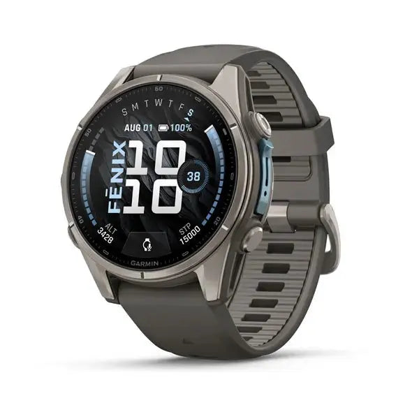 Garmin fenix 9 43 mm multisport GPS smartwatch in Titanium with Pebble Gray silicone band