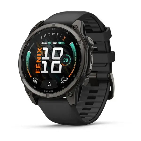 Garmin fenix 9 47 mm multisport GPS smartwatch in Carbon Gray DLC Titanium with black silicone band