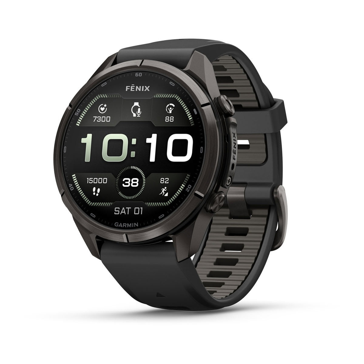 Garmin fenix 9 Pro 43 mm multisport GPS smartwatch in Carbon Gray DLC Titanium with Black and Pebble Gray silicone band, front view
