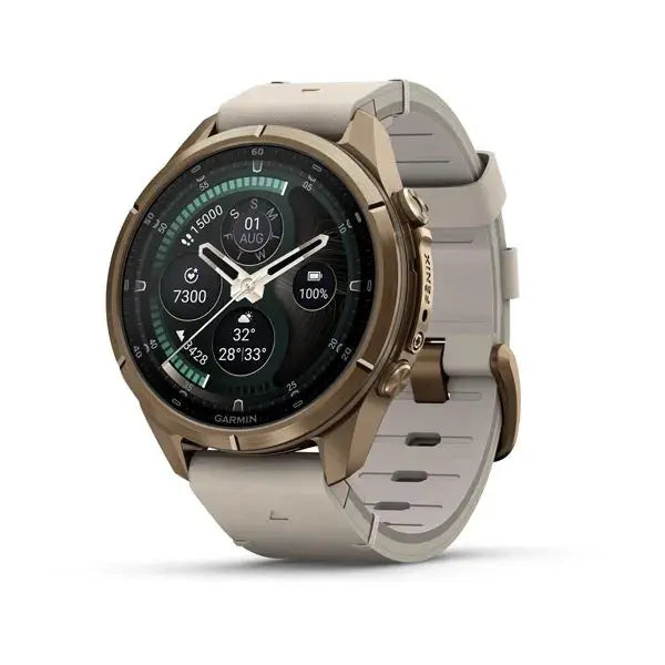 Garmin fenix 9 Pro multisport GPS smartwatch in Autumn Gold Titanium with bone leather band