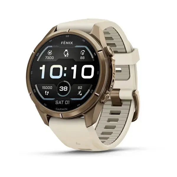 Garmin fenix 9 Pro multisport GPS smartwatch in Autumn Gold Titanium with cream and French gray silicone band