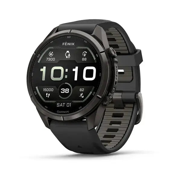 Garmin fenix 9 Pro multisport GPS smartwatch in Carbon Gray DLC Titanium with black and pebble gray silicone band