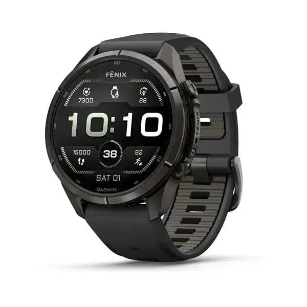 Garmin fenix 9 Pro multisport GPS smartwatch in Carbon Gray DLC Titanium with Black and Pebble Gray silicone band