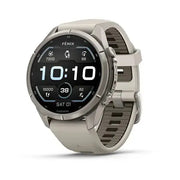 Garmin fenix 9 Pro multisport GPS smartwatch in Titanium with Fog Gray and Dark Sandstone silicone band
