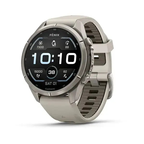 Garmin fenix 9 Pro multisport GPS smartwatch in Titanium with Fog Gray and Dark Sandstone silicone band