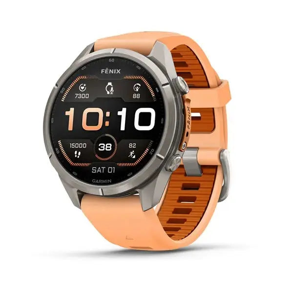 Garmin fenix 9 Pro multisport GPS smartwatch in Titanium with Shell Pink and Autumn Orange silicone band