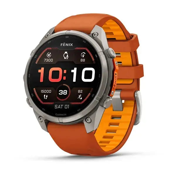 Garmin fenix 9 Pro multisport GPS smartwatch in Titanium with Autumn Orange and Spark Orange silicone band