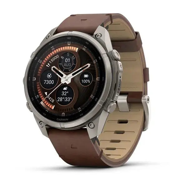 Garmin fenix 9 Pro multisport GPS smartwatch in Titanium with walnut leather band