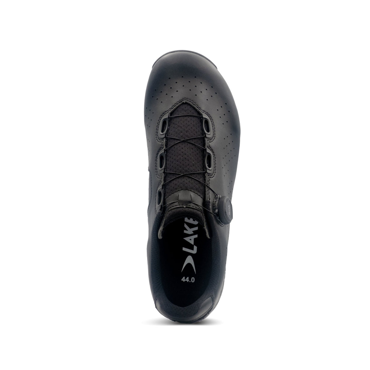 Top view of the Lake MX178 Regular in Black/Black Microfiber showing the BOA L6 dial and lacing