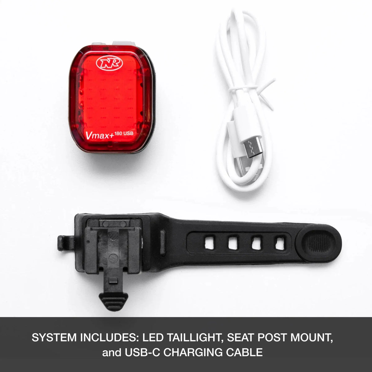 NiteRider Vmax+ 180 Taillight package with seatpost mount and USB-C cable