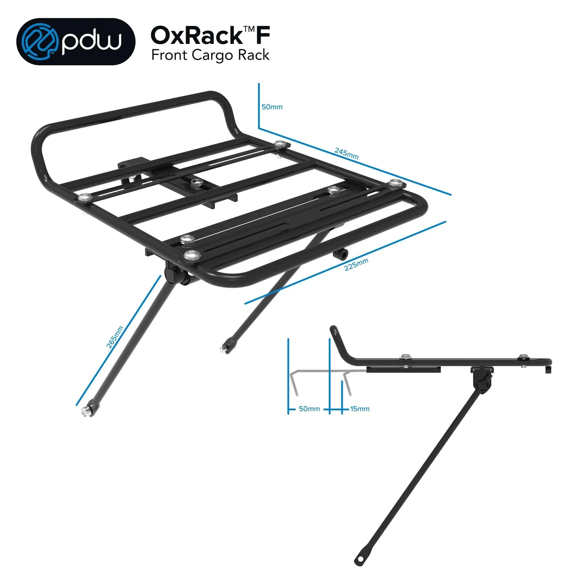 PDW OxRack Front Rack dimension diagram, 280mm long by 220mm wide