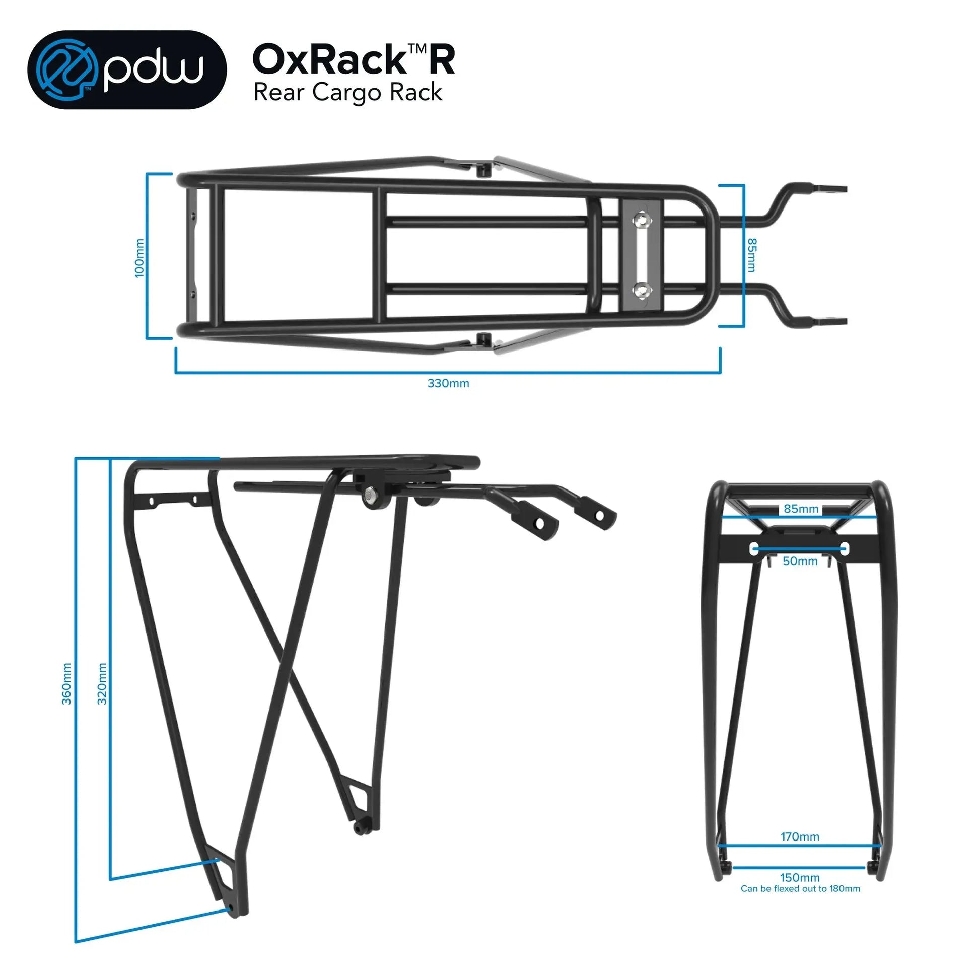 PDW OxRack Rear Rack dimension diagram, 330mm deck length