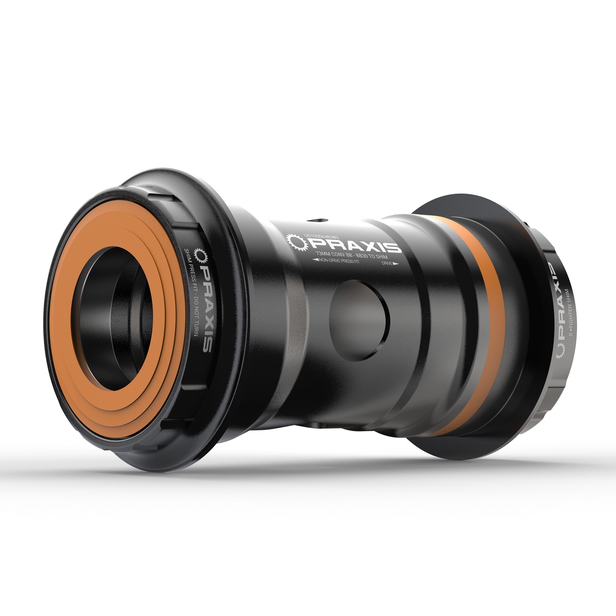 Praxis Shimano BB30/PF30 MTN conversion bottom bracket, 73mm, black with orange seals