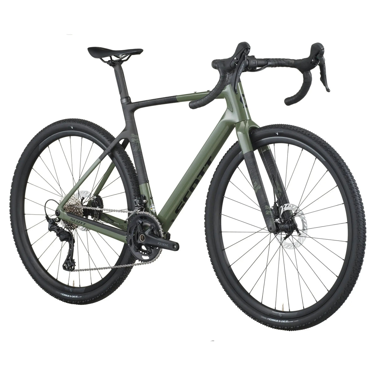 Scott Addict Gravel 40 Bike in Wenge Green, front three quarter view